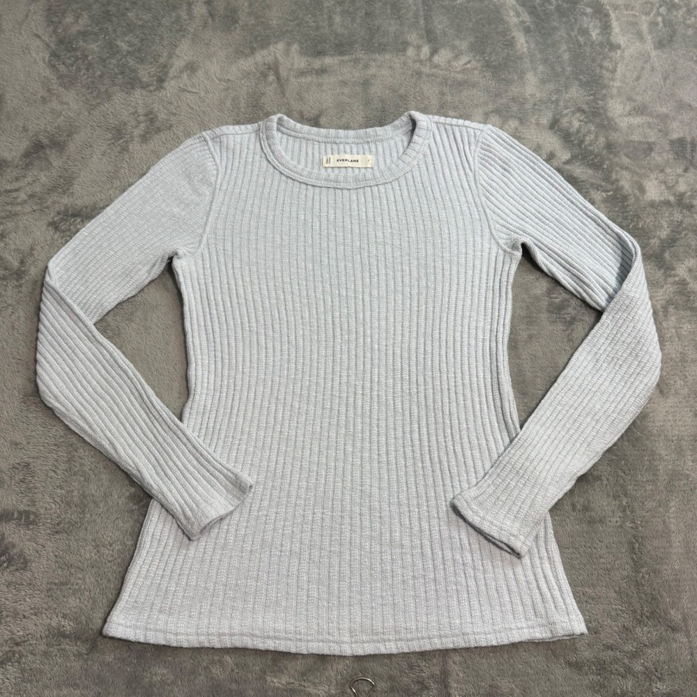 Everlane Ribbed Long Sleeve Top Light Blue Organic Cotton Blend Crewneck Small